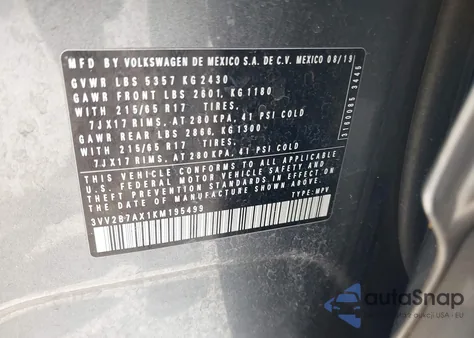 2019 Volkswagen Tiguan 2.0T Se/2.0T Sel/2.0T Sel R-Line/2.0T Sel R-Line Black из США, поврежденный, VIN 3VV2B7AX1KM195499